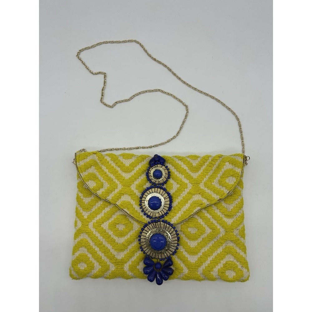 Steve Madden Jzada Yellow Blue Beaded Boho Crossbody Envelope Clutch Purse Bag
